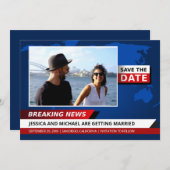 Save The Date Fun Unique Breaking News TV Bleu Rouge Blanc Photo (Devant / Derrière)