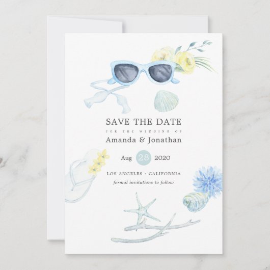 Save The Date Fun Watercolor Summer Beach Mariage (Devant)