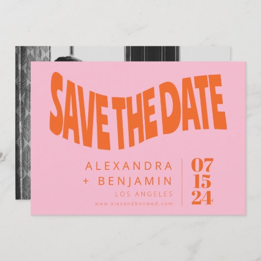 Save The Date Funky Retro Mod Unique Photo Rose Orange Personnal (Devant / Derrière)