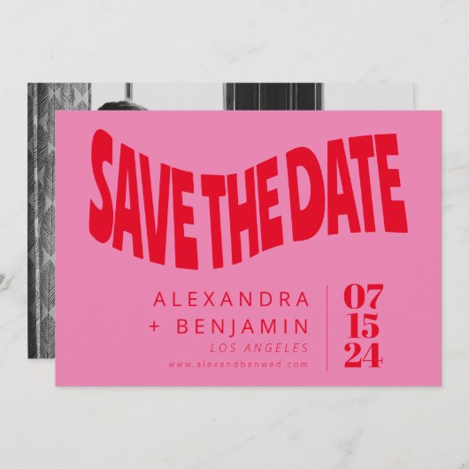 Save The Date Funky Retro Mod unique rose et rouge photo (Devant / Derrière)