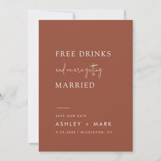 Save The Date Funny Boho Terracotta Script Mariage de boissons g (Devant)