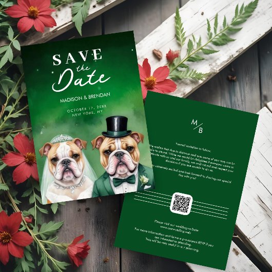 Save The Date Funny Bulldog Wedding Couple Cartoon Green Shades