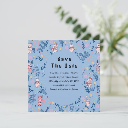 Save The Date Funny Woodland Friends Blue Winter Forest Pattern (Debout devant)