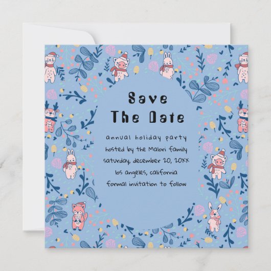 Save The Date Funny Woodland Friends Blue Winter Forest Pattern (Devant)
