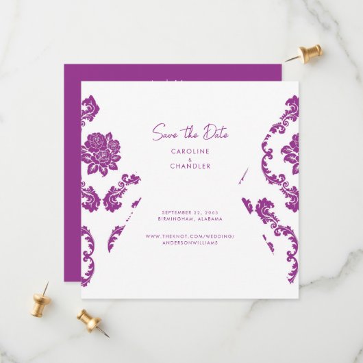 Save The Date Fushia Damask Photo Wedding Enregistrer La Date (Devant/Arrière en situation)