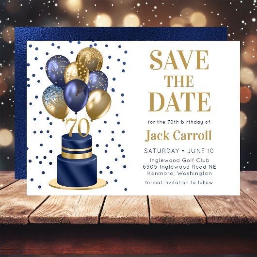 Save The Date Gâteau avec ballons bleus pour 70e anniversaire