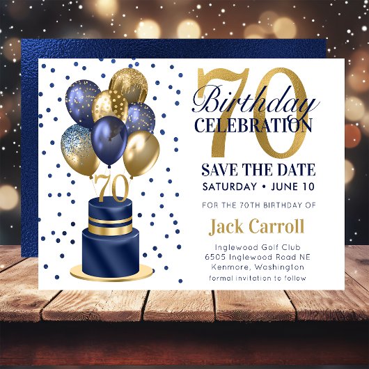 Save The Date Gâteau avec ballons bleus pour 70e anniversaire