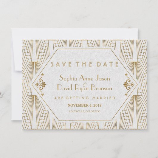Save The Date Gatsby Art Déco Gold Blanc Enregistrer La Date (Devant)