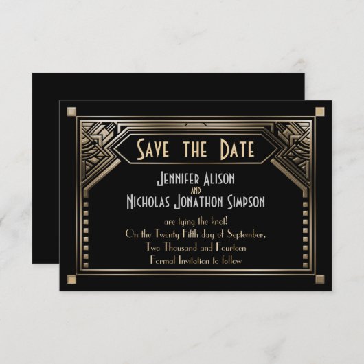 Save The Date Gatsby Gold Shaded Art Déco Mariage Enregistrer la (Devant / Derrière)