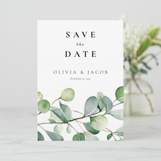 Save The Date Gaufrage Eucalyptus Aquarelle (Debout devant)