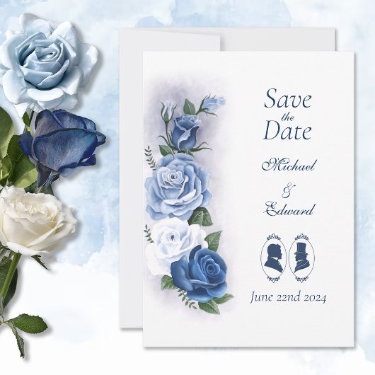 Save The Date Gay Grooms Regency Roses bleus