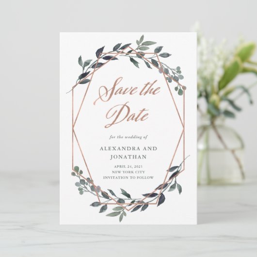 Save The Date Geo vert | Rose Gold Photo sur le dos (Debout devant)