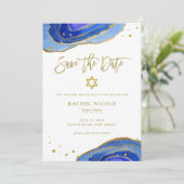 Save The Date Géode Bleu Aquarelle avec Or | Bat Mitzvah (Debout devant)