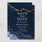 Save The Date Géode d'agate de marbre bleu aquarelle élégant or (Devant / Derrière)