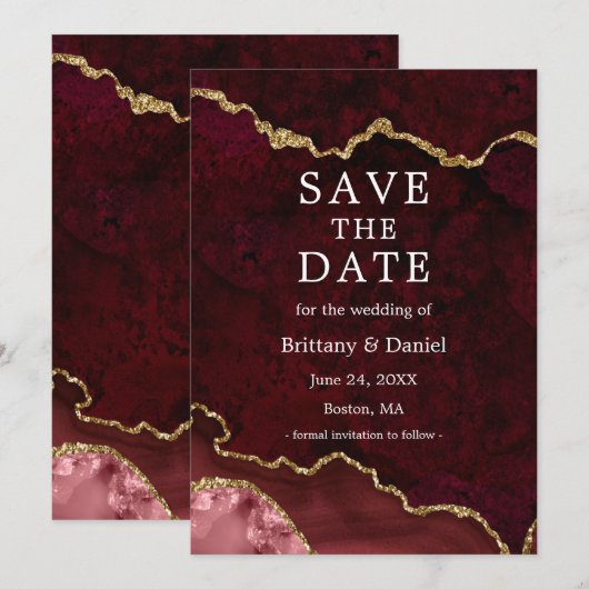 Save The Date Géode d'agate de marbre de Bourgogne à l'aquarelle (Devant / Derrière)