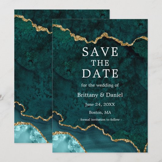 Save The Date Géode d'agate de marbre sarcelle or aquarelle élég (Devant / Derrière)