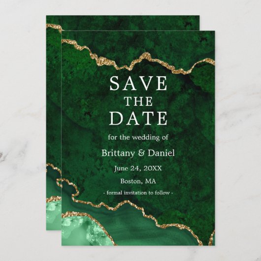 Save The Date Géode d'agate de marbre vert aquarelle élégant or (Devant / Derrière)