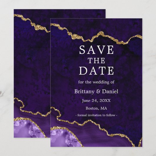 Save The Date Géode d'agate de marbre violet or aquarelle élégan (Devant / Derrière)
