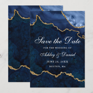 Save The Date Géode d'agate Marbre Bleu Or Aquarelle