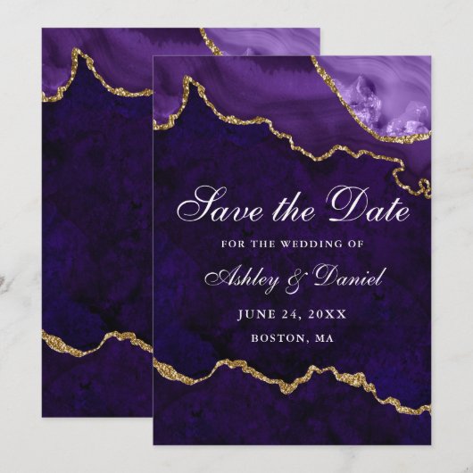 Save The Date Géode d'agate Marbre Or Violet Aquarelle (Devant / Derrière)