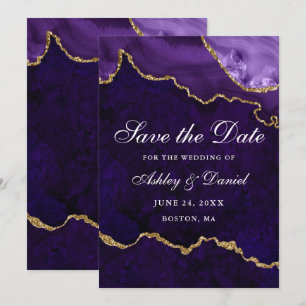 Save The Date Géode d'agate Marbre Or Violet Aquarelle