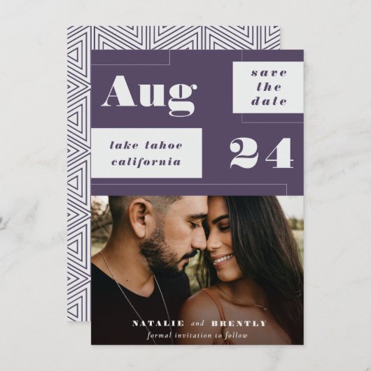 Save The Date Géométrie moderne violet foncé avec texte gras (Devant / Derrière)