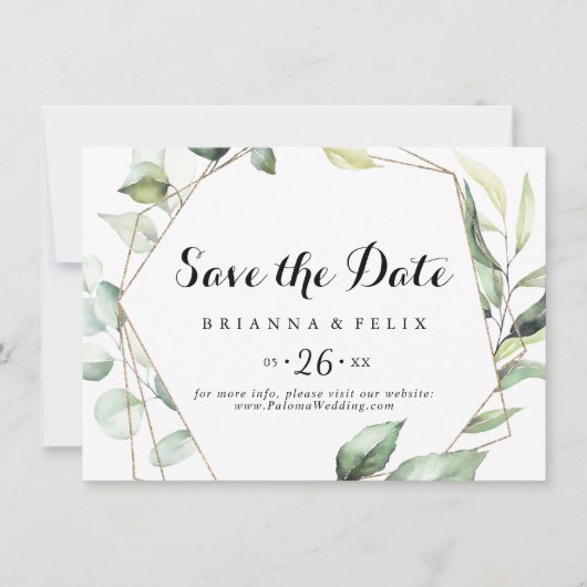 Save The Date Géométrique Elegant Gold Greenery Mariage horizont (Devant)
