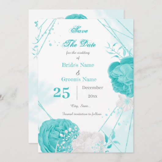Save The Date géométrique floral blanc turquoise (Devant / Derrière)