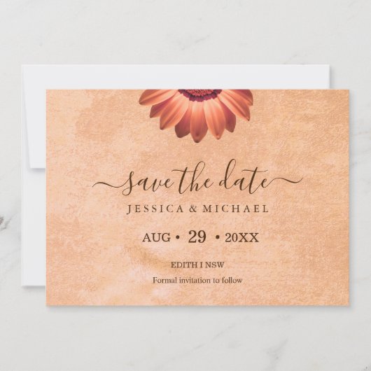 Save The Date Gerbera Flower sur Mariage de pêche Abstrait (Devant)