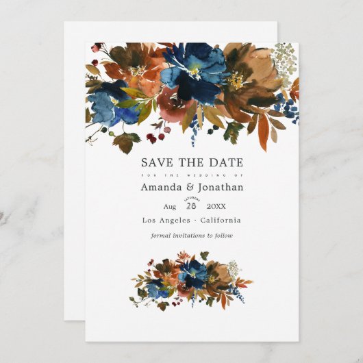 Save The Date Ginger et Navy Floral Mariage Photo (Devant / Derrière)