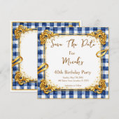 Save The Date Gingham Luxe Moderne Tendance Chic Bleu Blanc Or (Devant / Derrière)