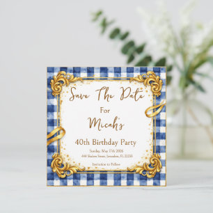 Save The Date Gingham Luxe Moderne Tendance Chic Bleu Blanc Or
