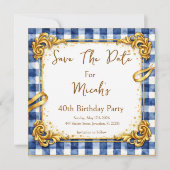 Save The Date Gingham Luxe Moderne Tendance Chic Bleu Blanc Or (Devant)