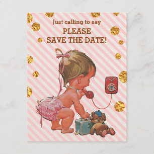 Save The Date Girl On Phone Stripes Gold Dots Enregistrer La Dat