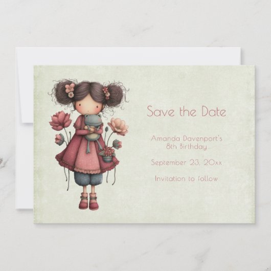 Save The Date Girl with A Frog Doll Cute Whimsical Birthday (Devant)