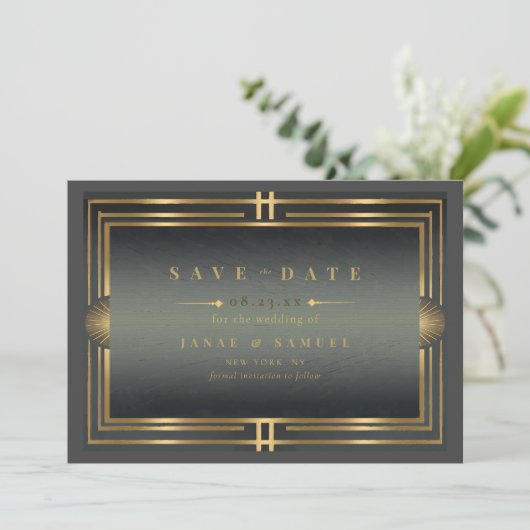 Save The Date Glam Art Deco Mariage Noir/Or ID1033 (Debout devant)