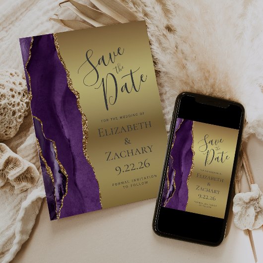 Save The Date Glam d'agate d'or violet moderne Enregistrer la da