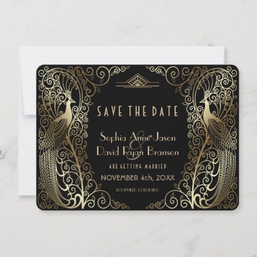 Save The Date Glam Gold Art Déco Peacocks Mariage Enregistrer La (Devant)