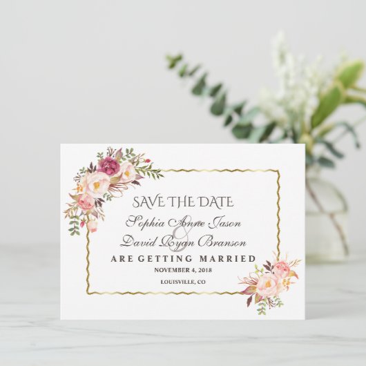 Save The Date Glam Gold Blush Rose Floral Enregistrer La Date (Debout devant)