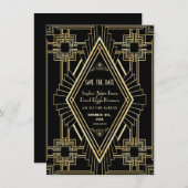 Save The Date Glam Gold et Black Great Gatsby Enregistrer la dat (Devant / Derrière)