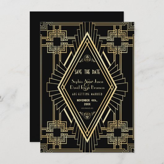 Save The Date Glam Gold et Black Great Gatsby Enregistrer la dat (Devant / Derrière)
