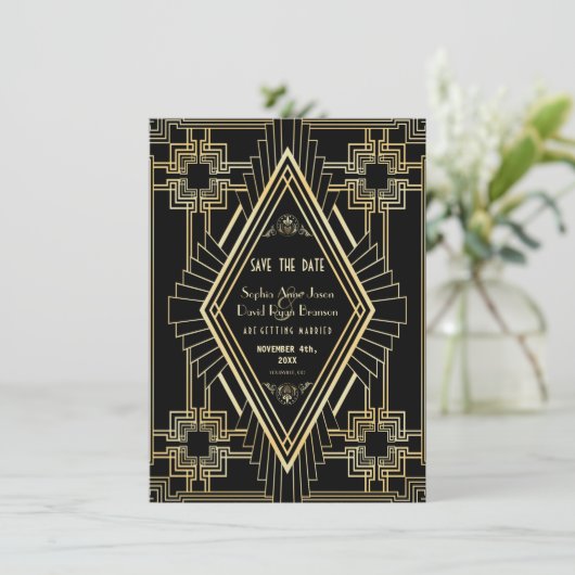 Save The Date Glam Gold et Black Great Gatsby Enregistrer la dat (Debout devant)
