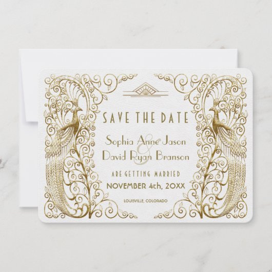 Save The Date Glam White Gold Art Déco Peacocks Enregistrer La D (Devant)