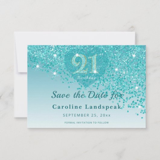 Save The Date Glamorous 21st Birthday Teal Glitter Frosted Heart (Devant)