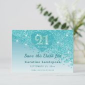 Save The Date Glamorous 21st Birthday Teal Glitter Frosted Heart (Debout devant)