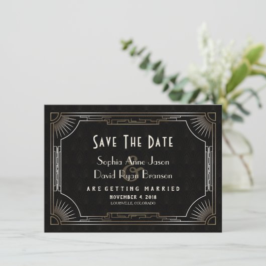 Save The Date Glamour Great Gatsby Gold Art Déco Mariage (Debout devant)