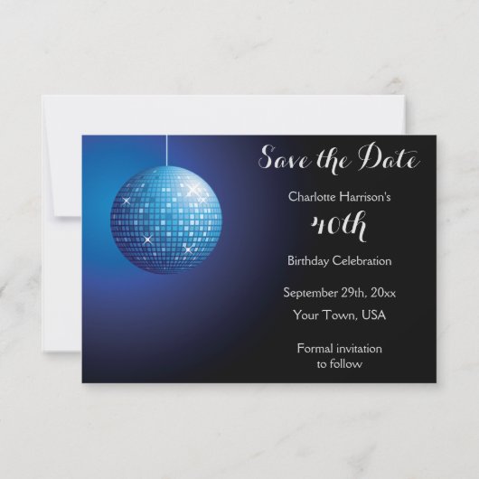 Save The Date Glamourous 40e anniversaire Blue Party Disco Ball (Dos)