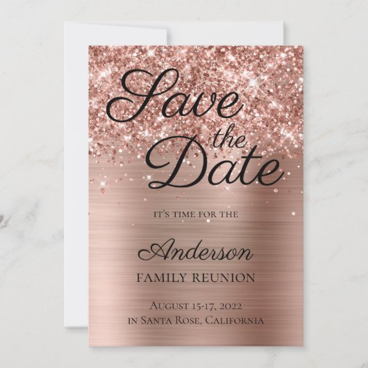 Save The Date Glitter Rose Gold Foil Famille Réunion (Devant)