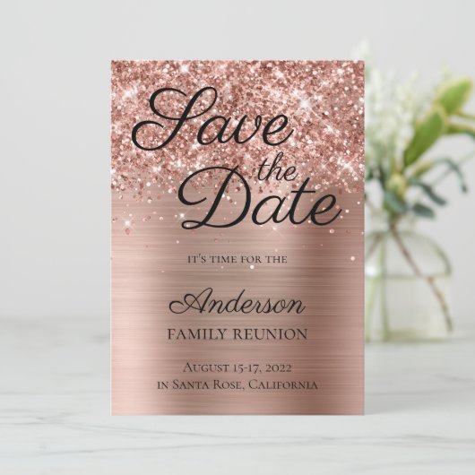 Save The Date Glitter Rose Gold Foil Famille Réunion (Debout devant)