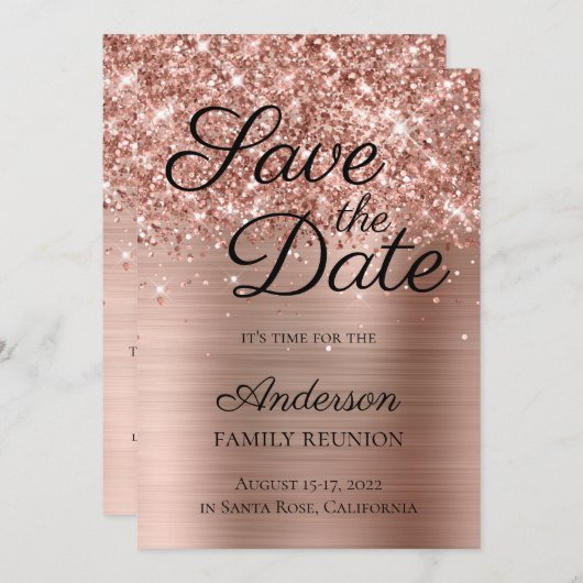 Save The Date Glitter Rose Gold Foil Famille Réunion (Devant / Derrière)